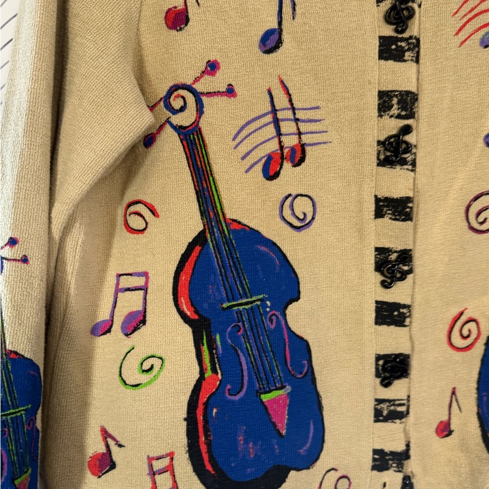 Vintage musical print sweater 80s PTP-22-23 L-24 women’s size M/L no tag - Picture 3 of 6